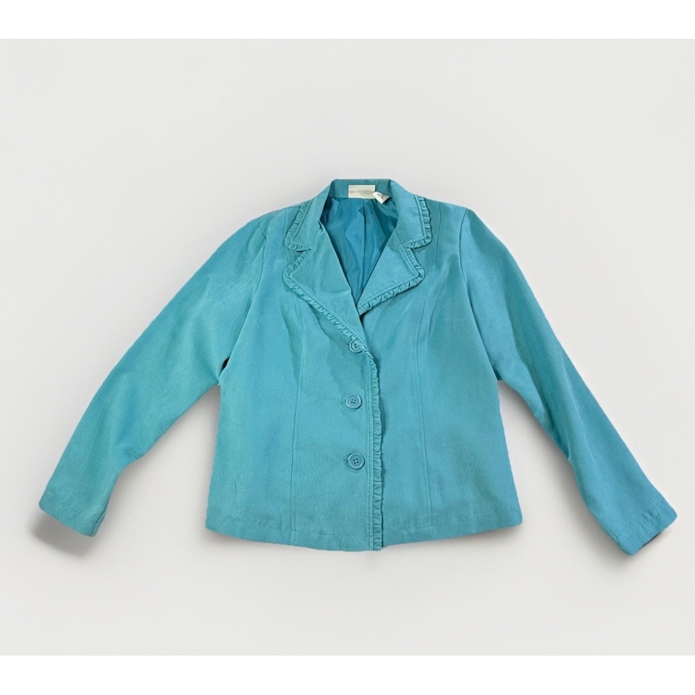 Parisian‎ Works Teal Blazer Jacket Women L Ruffle Trim Soft Chic Workwear